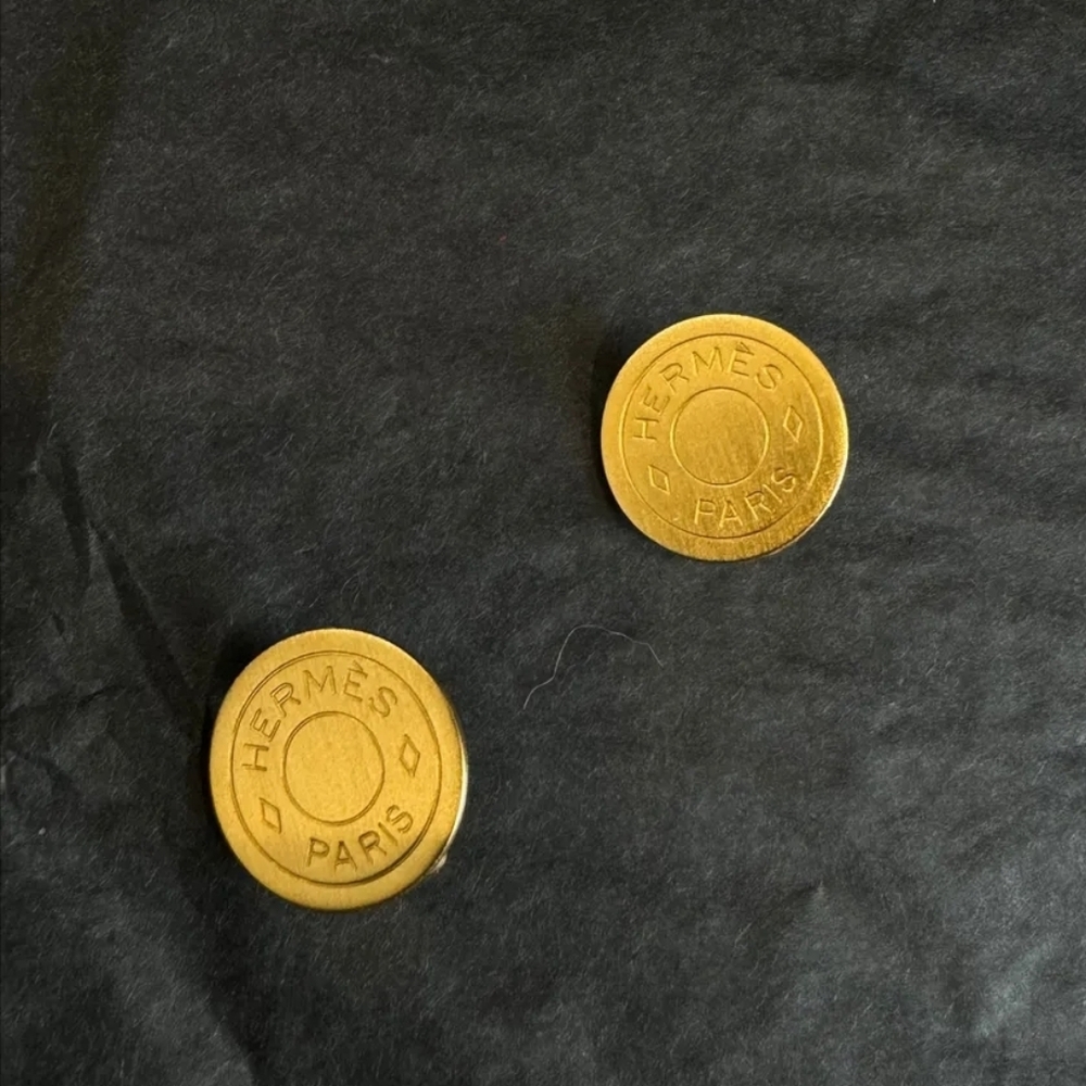 HERMES Button Logo Gold Plated Clip on Earrings